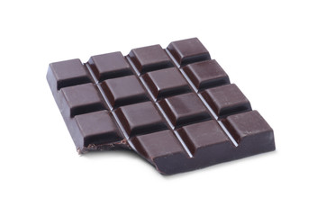 Delicious dark chocolate bar with bite mark isolated on white