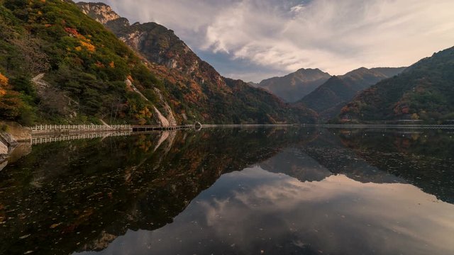 Time lapse of mirror reflections on a beautiful lake at Cui Hua mountain in Xian, China