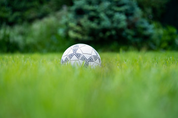 balon de futbol blanco y negro estandar en un jardin con alto cesped natural verde © eneko_at