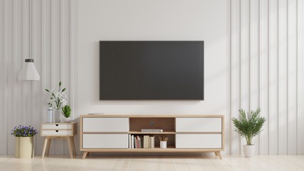 Smart TV on the white wall in living room,minimal design.