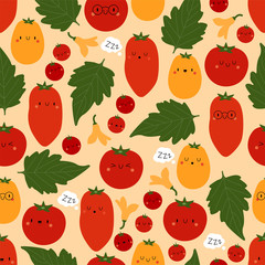 Kawaii Cartoon Tomatoes. Colored Patterns 