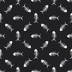 Fish bones Seamless pattern. Fish skeleton doodle, Hand drawn Cartoon Vector illustration