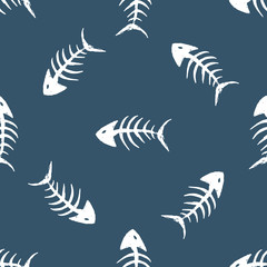 Fish bones Seamless pattern. Fish skeleton doodle, Hand drawn Cartoon Vector illustration