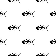 Fish bones Seamless pattern. Fish skeleton doodle, Hand drawn Cartoon Vector illustration
