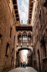 Old ancient El Pont del Bisbe - Bishop Bridge alley near Cathedral of Barcelona, Spain.