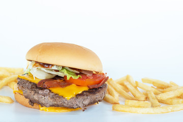 Hamburger and french fries,Delicious hamburger and french fries isolated on white background
