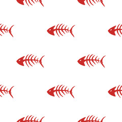 Fish bones Seamless pattern. Fish skeleton doodle, Hand drawn Cartoon Vector illustration