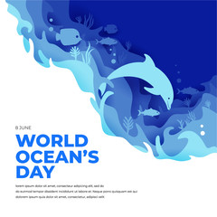 world ocean day paper art concept with dolphin and seaweed © aziz
