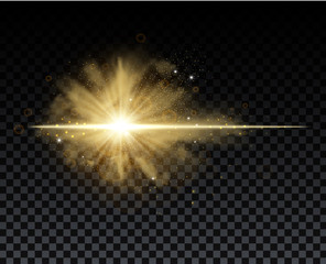 Golden burst with sparkle rays and lens flare effect. Glowing stars. Golden glitter bokeh lights and burst of magical dust particles. Vector illustration.