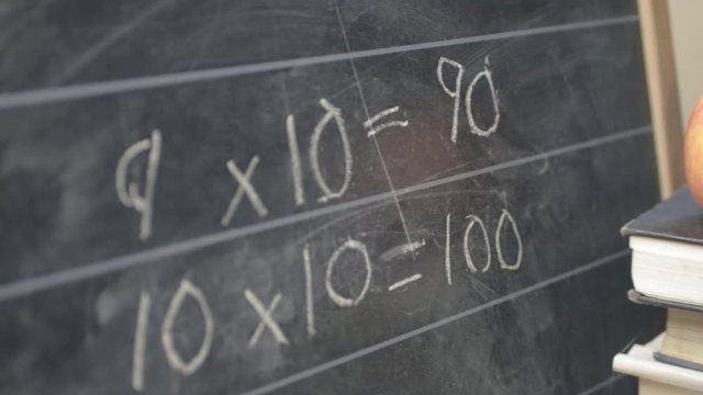 Mathematics lesson on blackboard with chalk panning shot