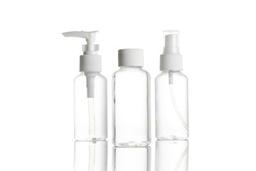 Gel bottle. Clear plastic blank for soap shampoo and mineral cosmetic isolated on white. Water cap spray on transparent background. Hand Alcohol Sanitizer.