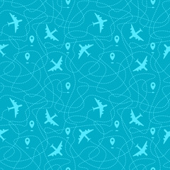 Seamless pattern with plane paths, start points and dashed routes. Blue travel background. Vector illustration.
