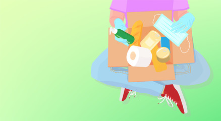 A volunteer has sitting on the floor and holding donation box with food, toilet paper and sanitizer. Food delivery service for those who need. Vector illustration.