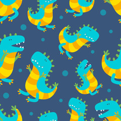 Seamless pattern with cute dinosaurs for textile, paper and fabric. Colorful design for prints. Vector illustration in flat style