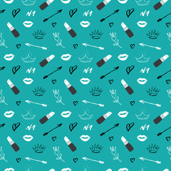 Lipstick seamless pattern, hand drawn fashion and beauty items, vector illustration