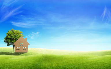 Housing and Green Ecology Concept : Wooden home on green grass with green natural and sunlight in background.
