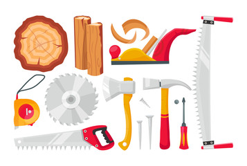 Set cartoon woodworking tools vector illustration isolated on white background. Wood, circular saw, two-handed saw, planer, ax, hammer, nails, screwdriver, tape measure. Carpentry equipment elements. 