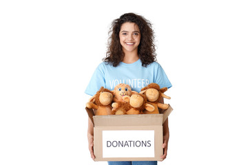 Smiling young hispanic latin woman wears volunteer tshirt look at camera hold social donations box...