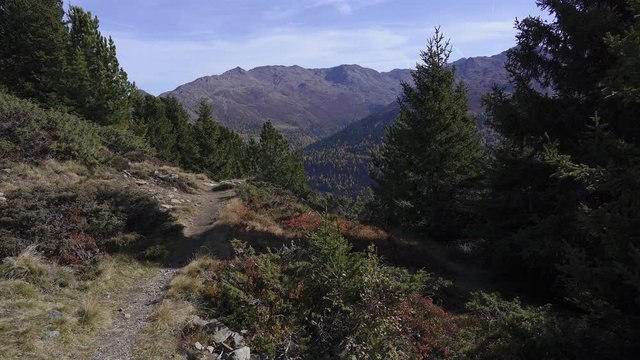 A small dirt track for hiking leads into the wilderness of the alps toward a distant mountain on route from Innsbruck to the peak of Patscherkofel. Austria