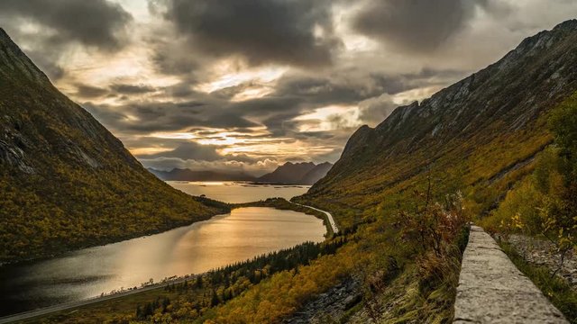 Sunset time lapse of Rorvika in Lofoten close to Henningsv&aelig;r in Northern Norway, forward slider motion autum colours.