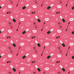 Fototapeta na wymiar Lipstick seamless pattern, hand drawn fashion and beauty items, vector illustration