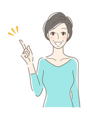 笑顔で指をさす正面向きの女性