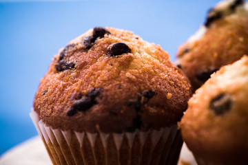 cupcakes with chocolate on wooden table and blue background