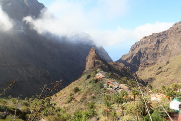 Village Masca and Masca Gorge panorama with Atlantic Ocean on Canary Island Tenerife, Spain