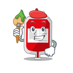 An artistic blood plastic bag artist mascot design paint using a brush