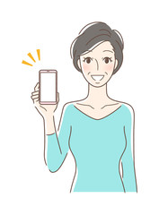 笑顔でスマホの画面を見せる正面向きの女性