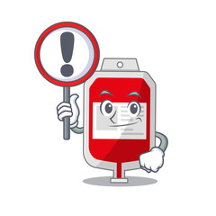 A cartoon icon of blood plastic bag with a exclamation sign board
