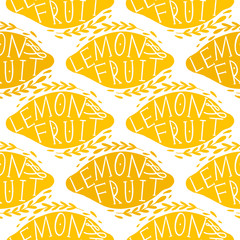 Seamless pattern lemon fruit and vegetable food silhouettes with lettering.Healthy eating,