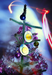 a Christmas tree with unusual toys is a boiled egg