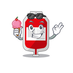A cartoon drawing of blood plastic bag holding cone ice cream