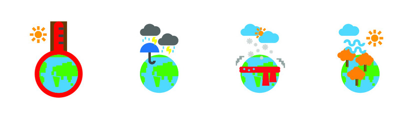 Icon set of planet earth in each season, hot summer, wet rainy, cold winter, windy autumn