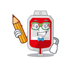 A clever student blood plastic bag cartoon character study at home