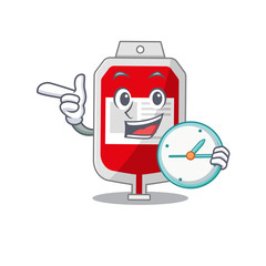 Fototapeta premium mascot design style of blood plastic bag standing with holding a clock