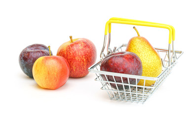 a small shopping basket with fruits, apples, pears and plums on a white background.