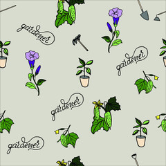 Seamless pattern on gardener- petunia, tomato, cucumber, onions, strawberries, hand-drawing, doodle, vector