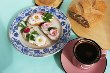Fototapeta na wymiar Snacks from bread, cottage cheese and daisies, young leaves (Latin Aegopódium podagrária) - a perennial plant; a species of the genus Daisy of the family Umbrella (Apiaceae), a cup of coffee and bread