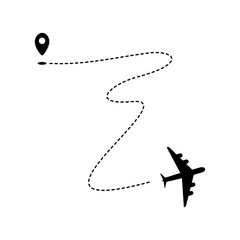 Plane path with start point and dashed route. Travel trek. Black silhouette isolated on white background. Vector illustration.