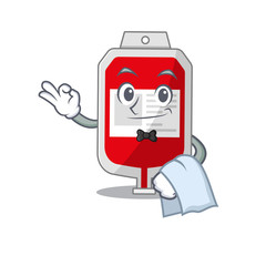 A cartoon picture of blood plastic bag waiter with a white napkin