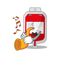 Blood plastic bag musician of cartoon design playing a trumpet