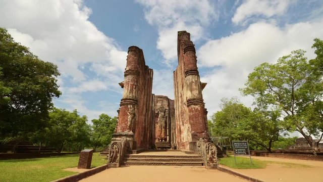 Timelapse of the Ancient City of Polonnaruwa Sri Lanka. October 2018. Lankathilaka Viharaya Built by King Parakramabahu. Structure Is the Two Pylons at the Entrance and the Giant Buddha Statue Inside.