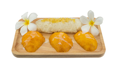mango with sticky rice Thai famous dessert on wooden tray in white background
