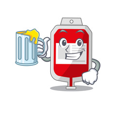 A cartoon concept of blood plastic bag with a glass of beer