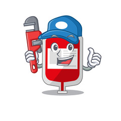 cartoon character design of blood plastic bag as a Plumber with tool