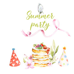 Hand drawing watercolor summer illustration -  cake with green leaves, flowers, ribbon, butterfly. illustration perfect for fabric textile, scrapbooking, cards for birthday, party, baby shower.