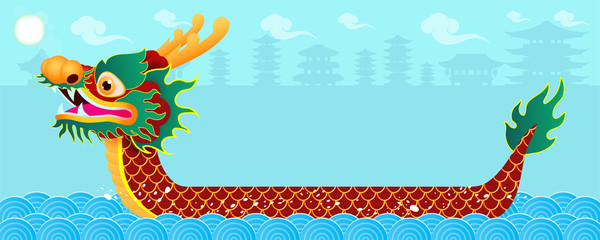 Chinesisches Drachenboot-Rennfestival mit Reisknödel, niedliches Charakterdesign Glückliches Drachenboot-Festival auf Hintergrund-Grußkarten-Vektorillustration.Übersetzung: Drachenboot-Festival, 5. Tag im Mai © phanuchat