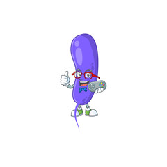 Cartoon mascot design of cholerae play a game with controller
